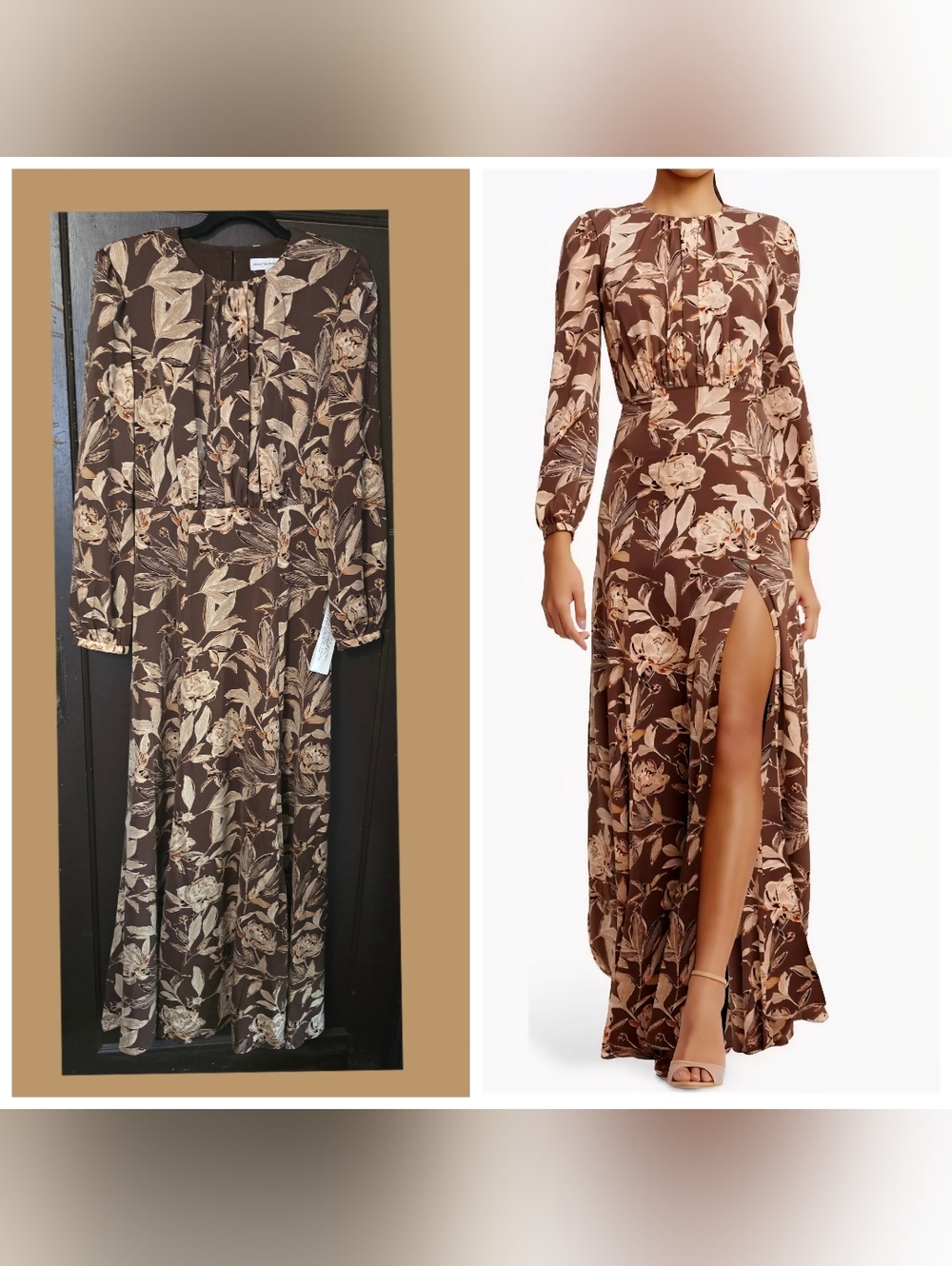 NWT Dress the Population Joni Floral Long Sleeve Satin Gown - Mocha Multi - M